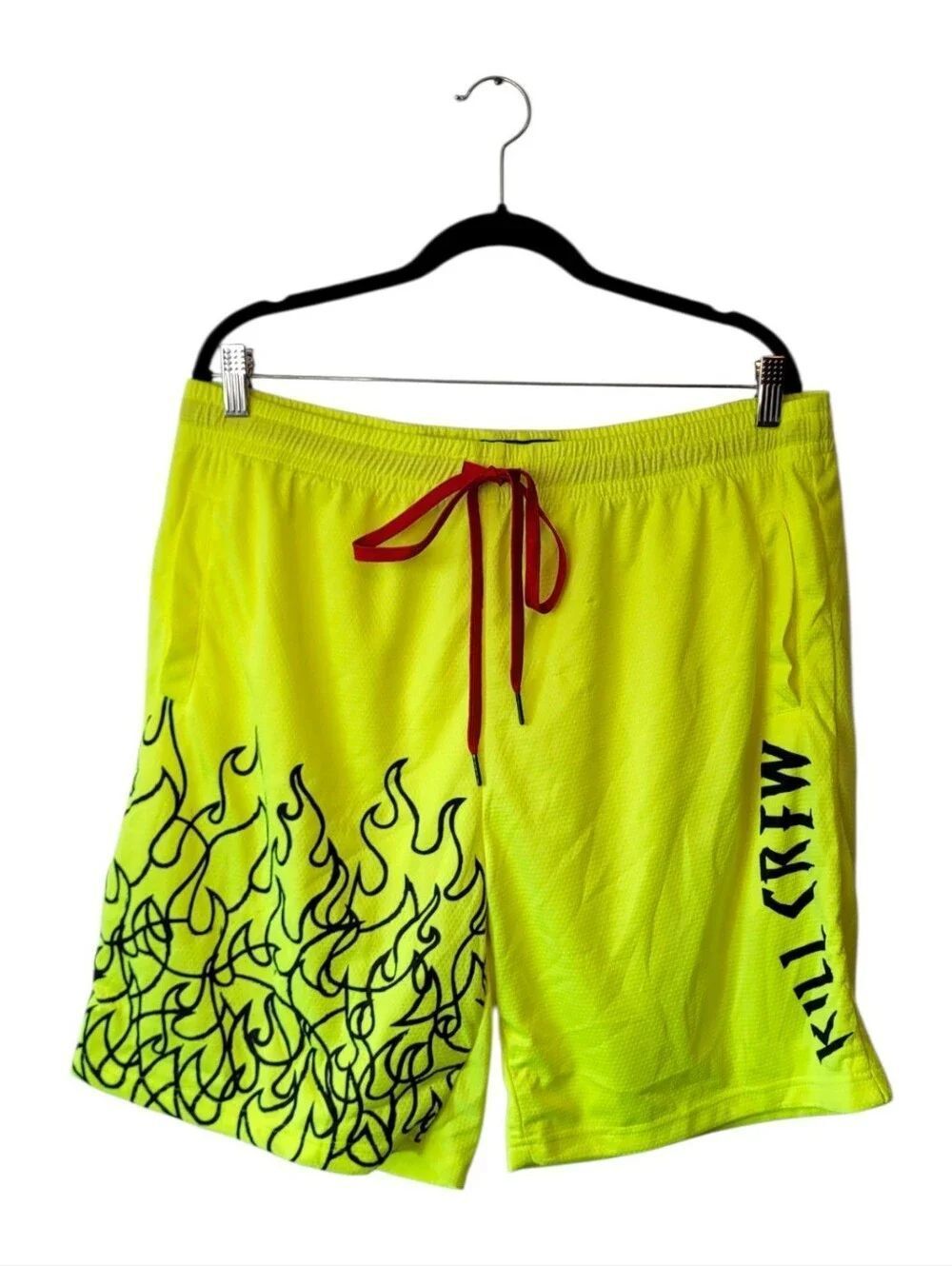 Kill Crew Men’s Neon Yellow Shorts with Flame Print Size XXL NWT